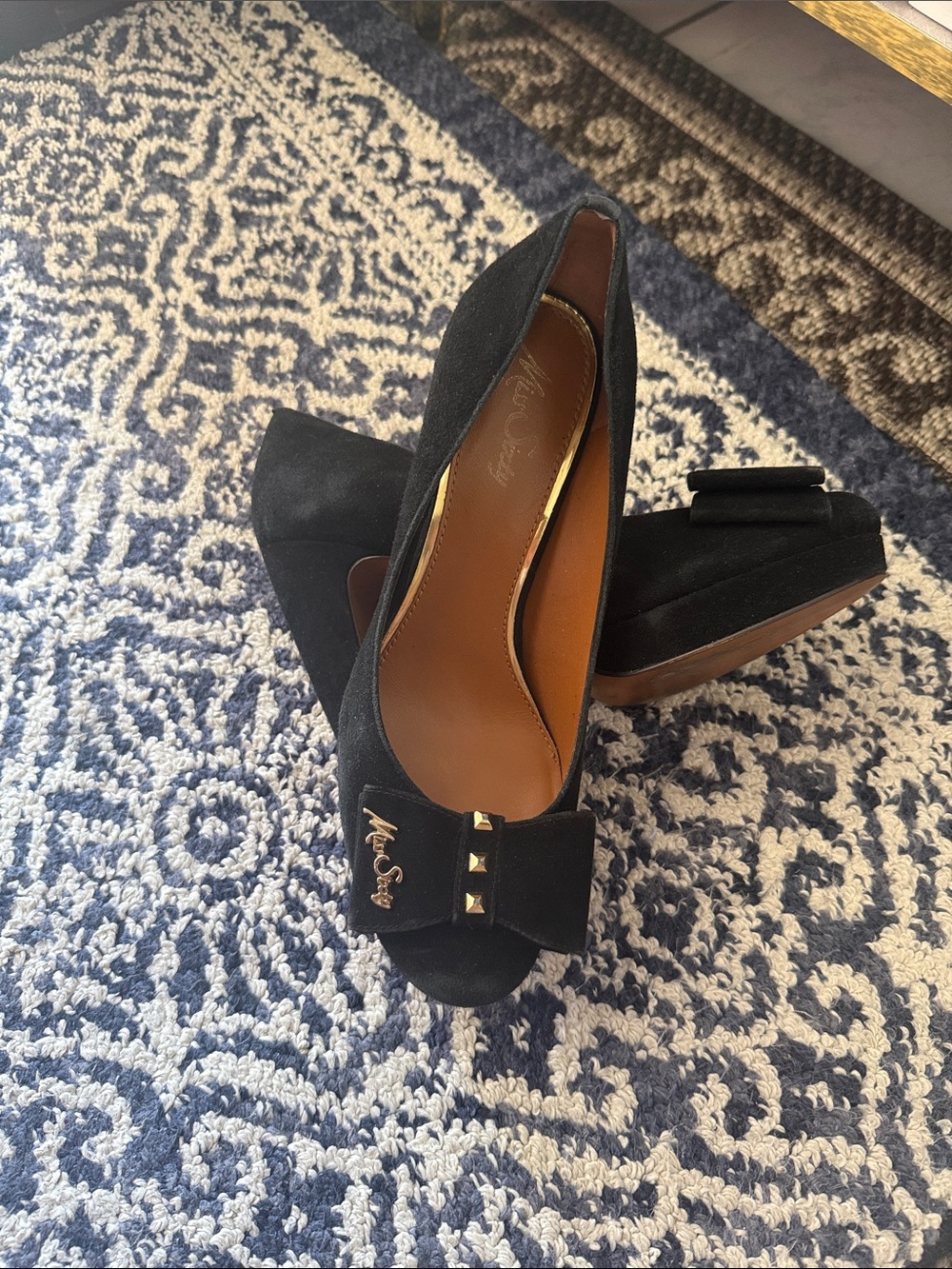 Miss Sixty Black Suede Peep-Toe Heels with Bow & Gold Studs